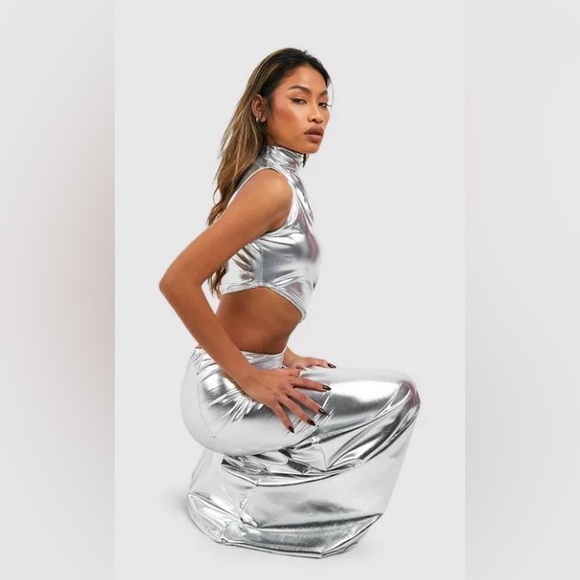 Metallic Pu High Neck Cut Out Maxi Dress | 6 - Picture 3 of 7